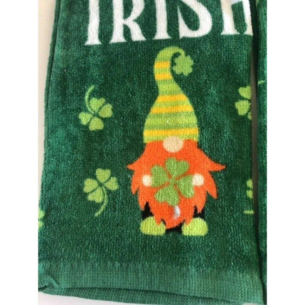 St Patrick's Kitchen Dish Towels Set of 2 Plush Gnome Kiss Me I'm Irish Shamrock